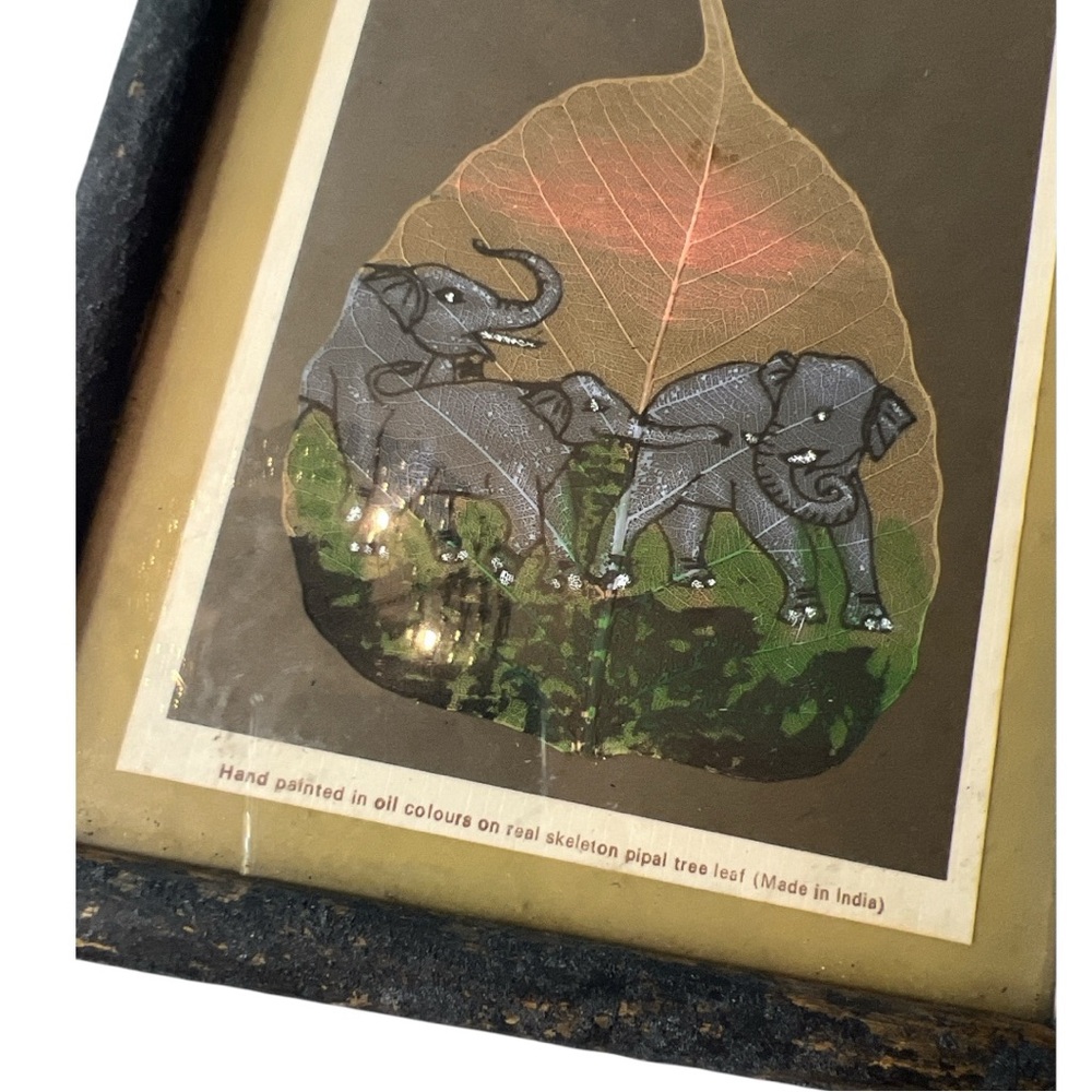 Peepal Leaf Elephant Art Fram Wall Decor Hand Painted Vintage - Picture 4 of 10